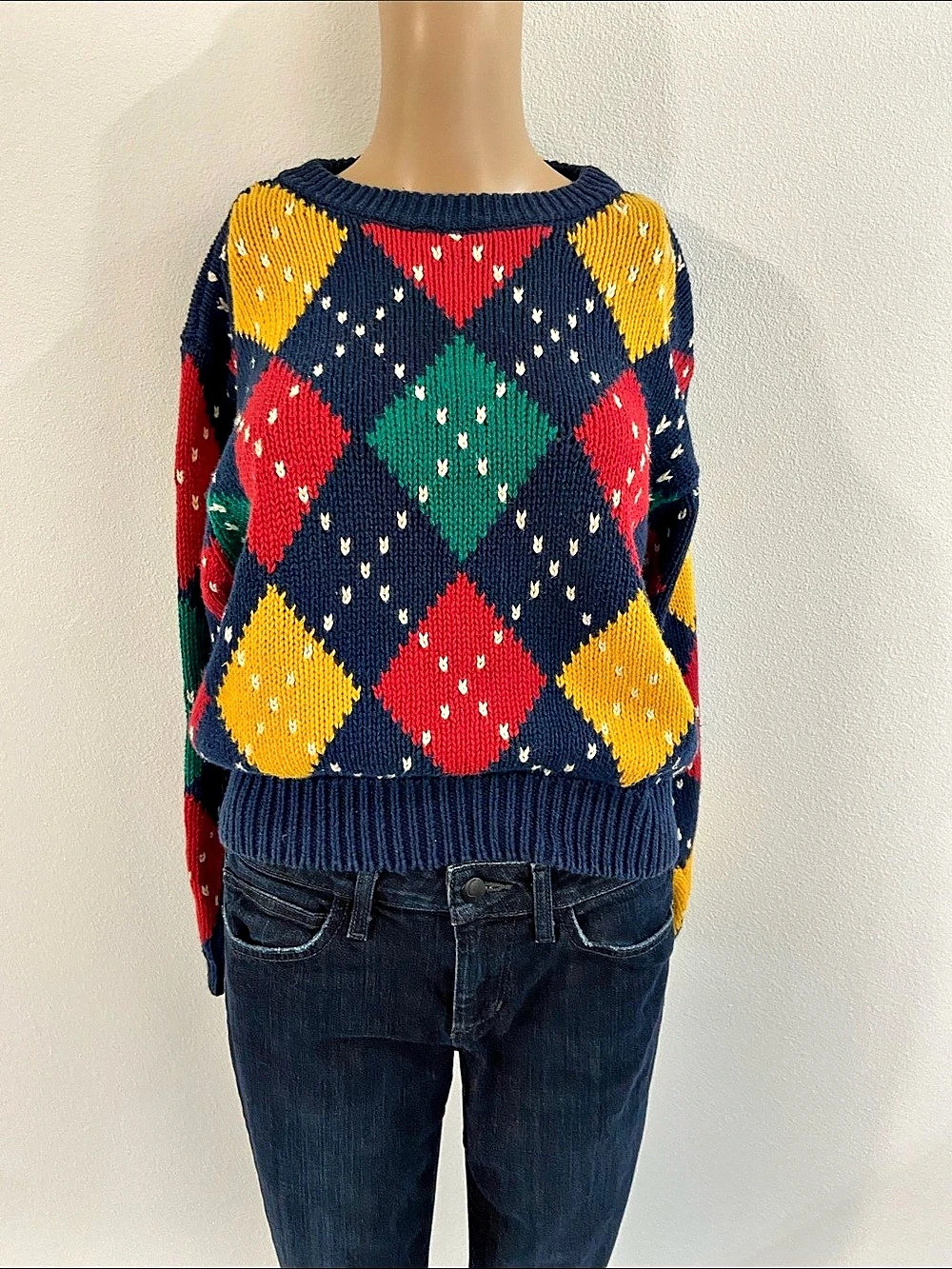 VTG Lizsport Geometric cotton Y2K Crewneck Sweater in Blue & Red Sz Sp